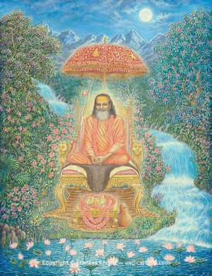 Guru Dev on Throne by Moonlight by Frances Knight - VedicArt108.com